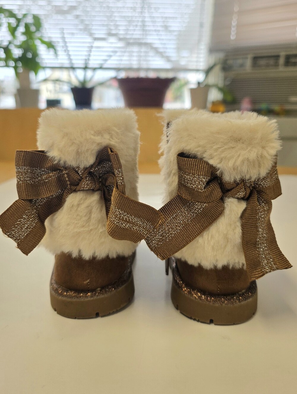 Olive & Edie Cream Faux-Fur Cuff Brown Ribbon Back Boots